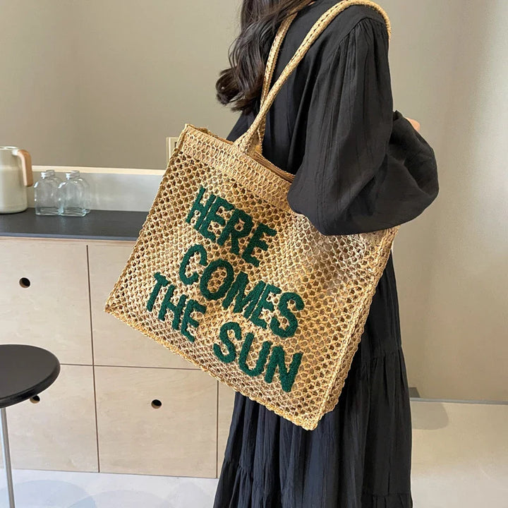 Sac cabas de plage en paille couleur crème, fourre-tout tendance pour les beaux jours