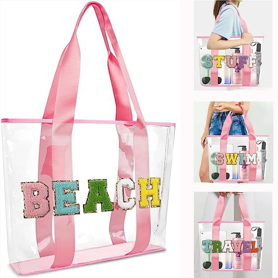 Sac de plage spacieux en PVC pour femme, parfait pour transporter vos affaires estivales.