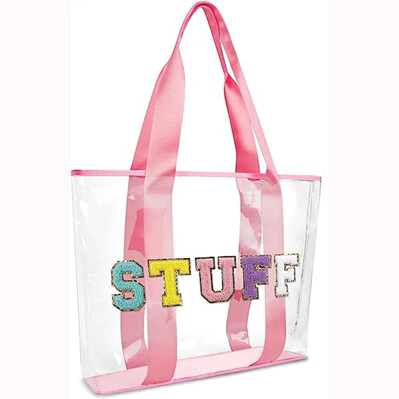 Sac de plage pour femme en PVC transparent et léger, idéal pour les journées ensoleillées à la plage.
