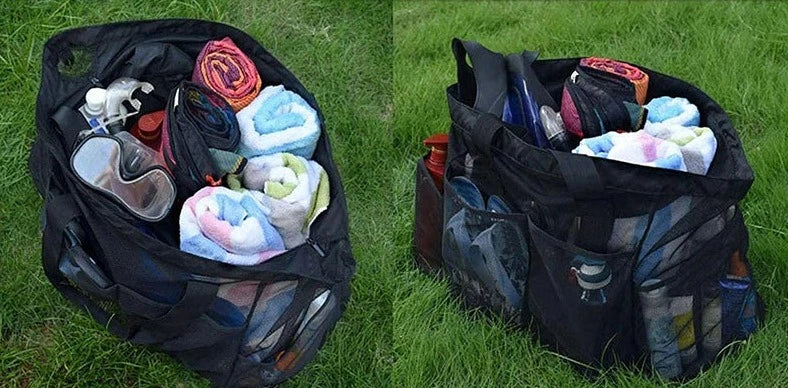 Sac de plage familial XL noir robuste en tissu Oxford, pour toutes vos escapades à la plage ou piscine.