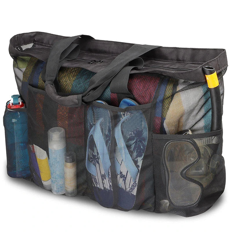 Élégant sac de plage XL noir, grande capacité pour la famille, parfait pour vacances, plage et piscine.