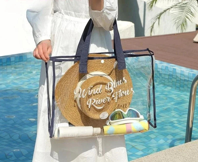 Grand sac de plage transparent imperméable en PVC, parfait pour l'été et les vacances.