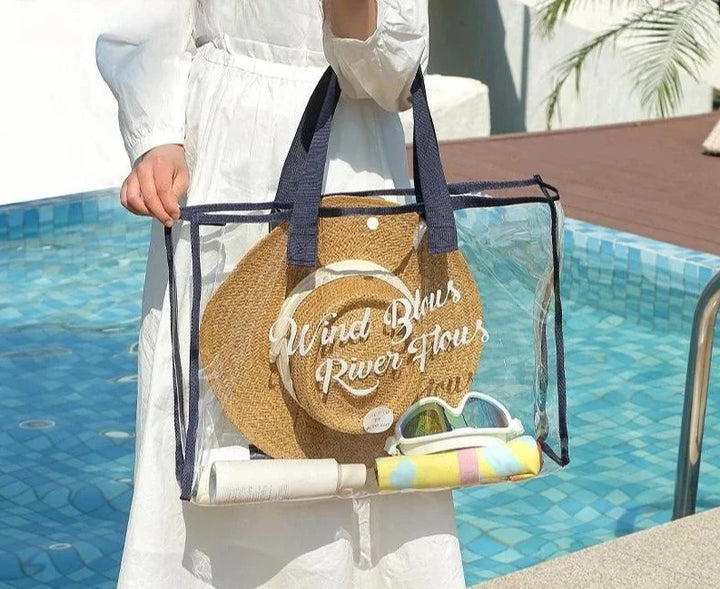 Grand sac de plage transparent imperméable en PVC, parfait pour l'été et les vacances.