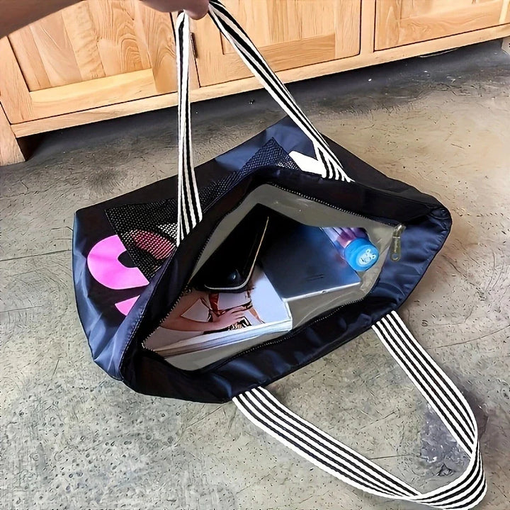 Sac de plage XXL en nylon résistant et étanche, parfait pour maillot, serviette et crèmes solaires.
