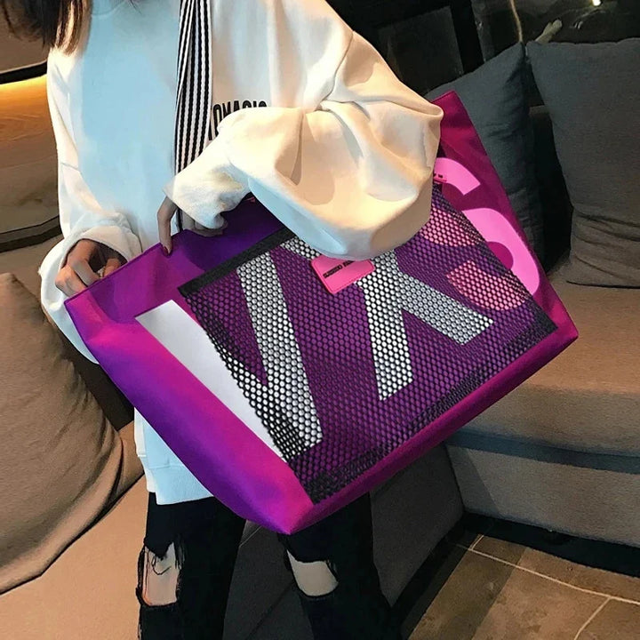 Sac de plage femme XXL, fourre-tout en nylon étanche, pliable, idéal pour vacances et été.