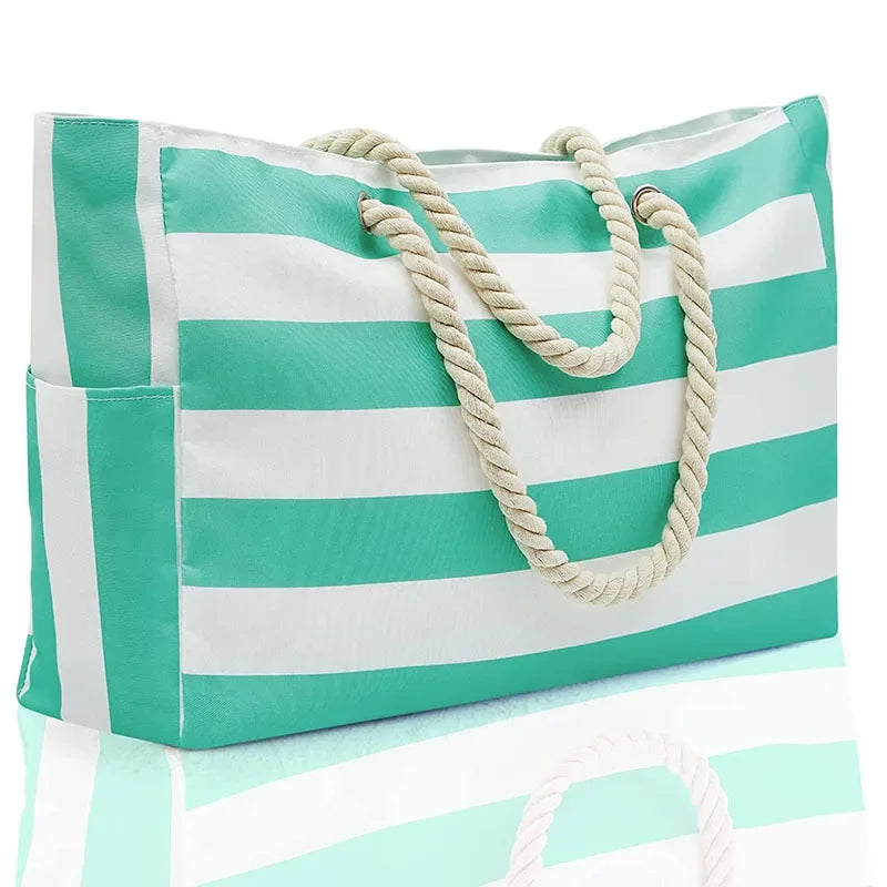 Grand sac de plage XXL étanche bleu et jaune pour femmes. Idéal pour les vacances d'été en famille.