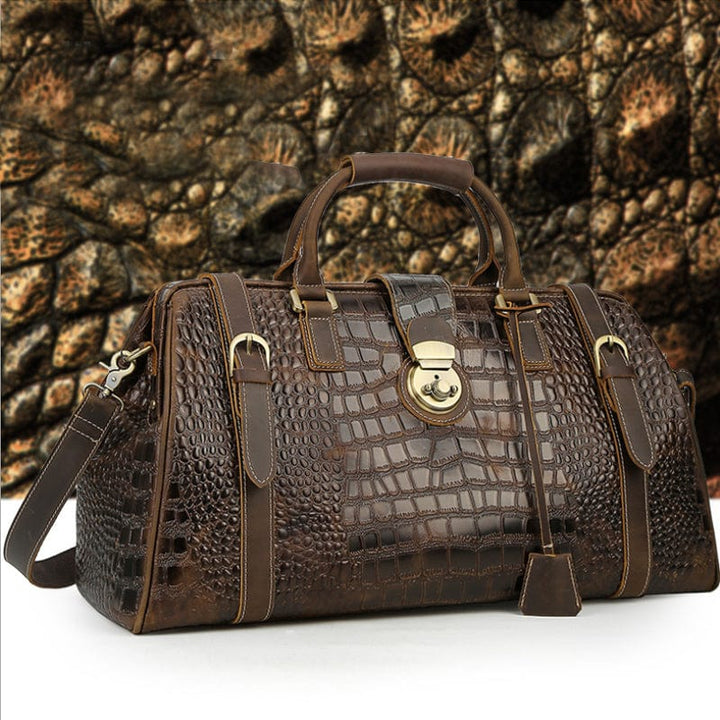 Sac week-end en cuir, texture crocodile. Compartiment spacieux. Cadeau parfait pour homme voyageur.