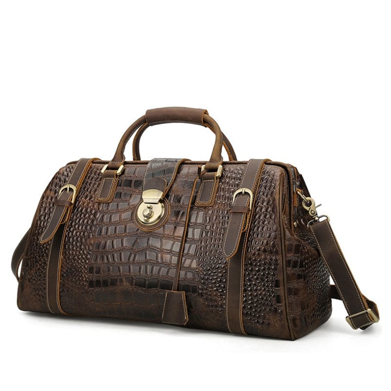 Sac de voyage en cuir de crocodile pour homme, noir brillant. Design sophistiqué et intemporel.