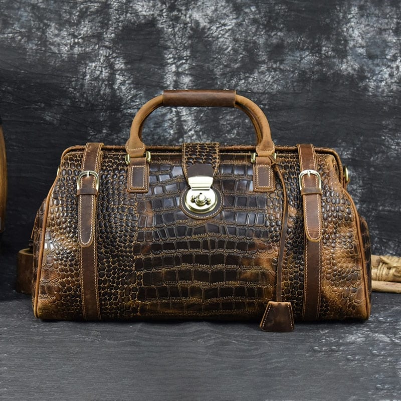 Sac de voyage en cuir véritable relief crocodile. Style vintage pour homme. Parfait pour les citadins.