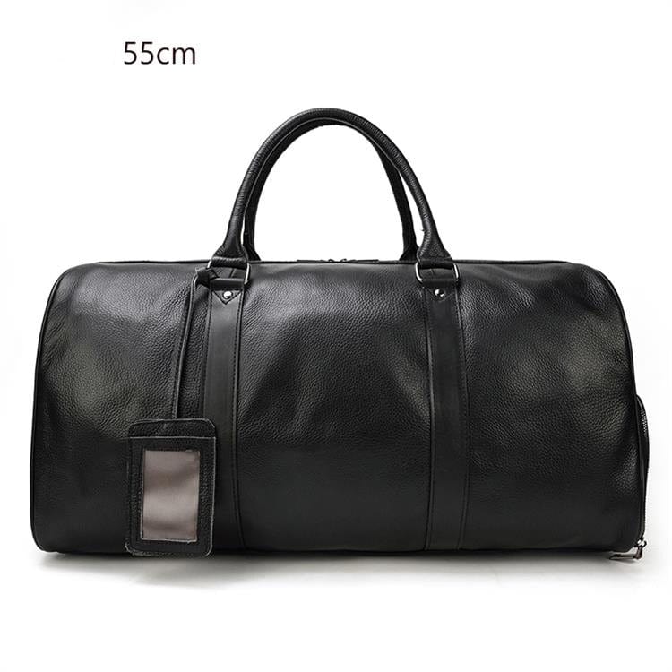 Sac de voyage pour femme en cuir, ouvert pour montrer l'intérieur spacieux, idéal pour accessoires de voyage.