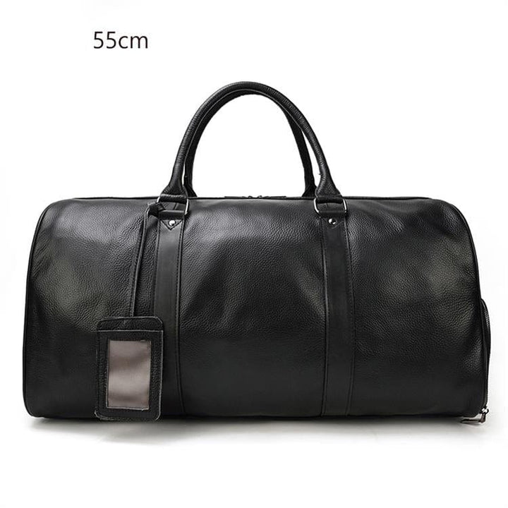 Sac de voyage pour femme en cuir, ouvert pour montrer l'intérieur spacieux, idéal pour accessoires de voyage.