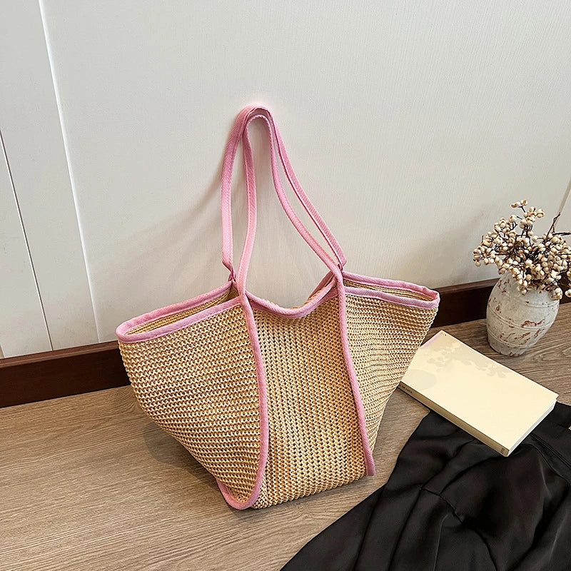 Grand sac fourre-tout de plage Hélios en paille tressée pour femme, style été décontracté