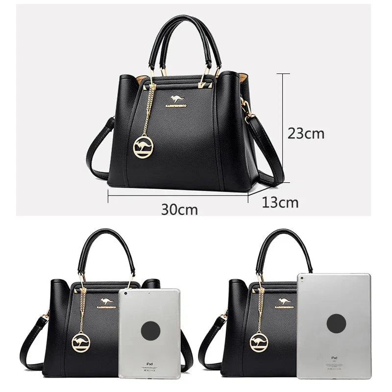 Vue frontale d'un grand sac à main femme en cuir classique, accessoire mode intemporel et chic.