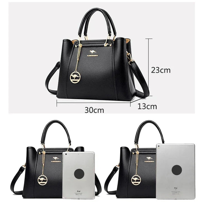 Vue frontale d'un grand sac à main femme en cuir classique, accessoire mode intemporel et chic.