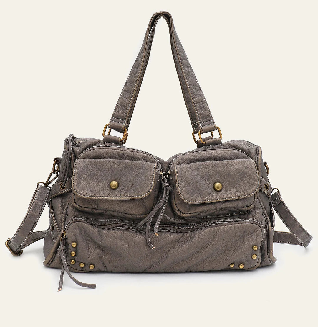 Grand sac à main femme gris XL élégant en cuir synthétique, parfait pour les cours et le quotidien. Sac polyvalent chic.