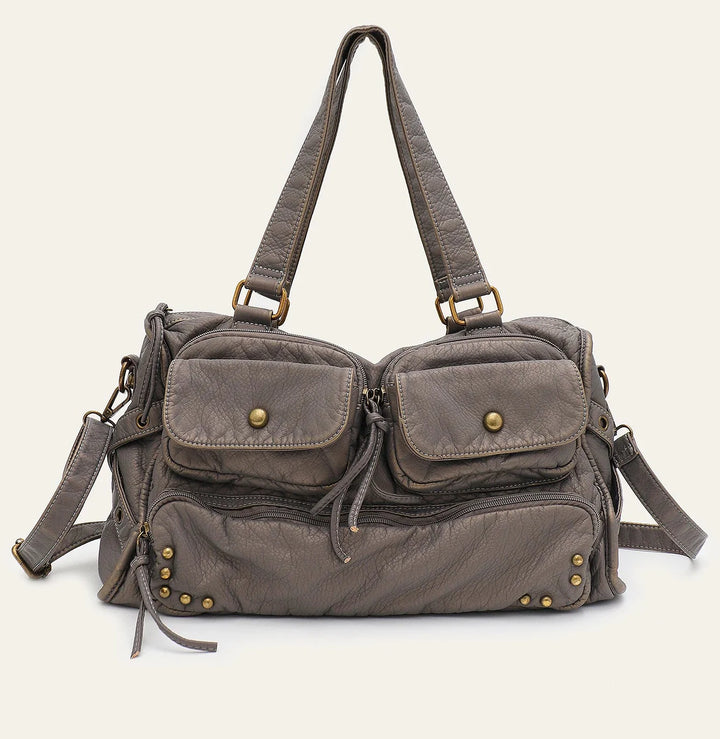 Grand sac à main femme gris XL élégant en cuir synthétique, parfait pour les cours et le quotidien. Sac polyvalent chic.