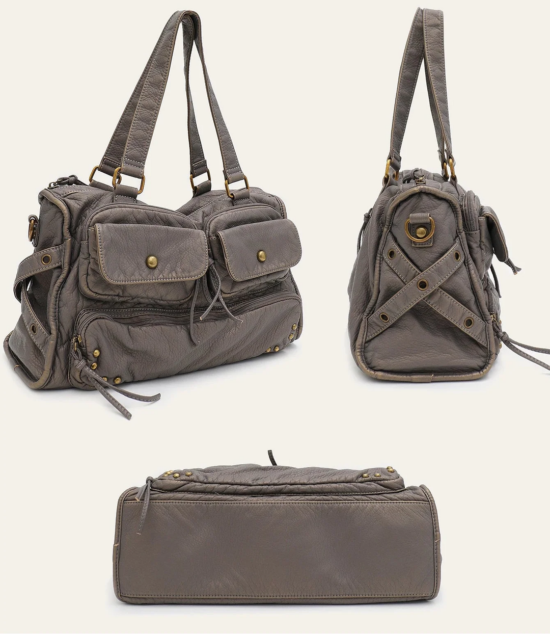Sac femme XL gris élégant, grand compartiment. Sac de cours organisateur en cuir synthétique, parfait pour le quotidien.