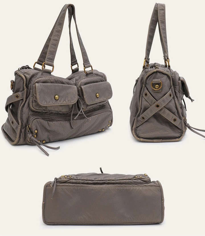 Sac femme XL gris élégant, grand compartiment. Sac de cours organisateur en cuir synthétique, parfait pour le quotidien.