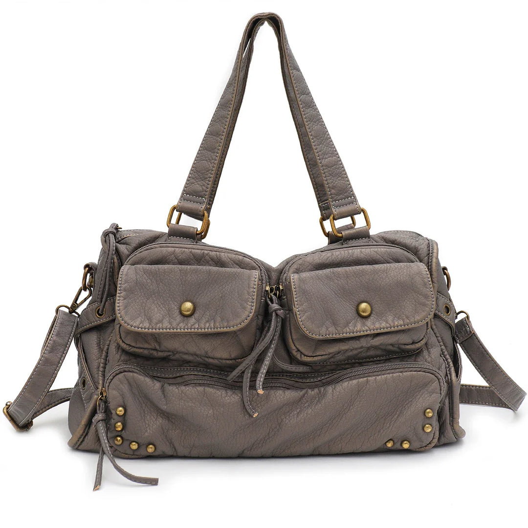 Sac femme XL gris élégant, design chic en cuir synthétique. Grand sac de cours et quotidien, idéal pour la mode femme.