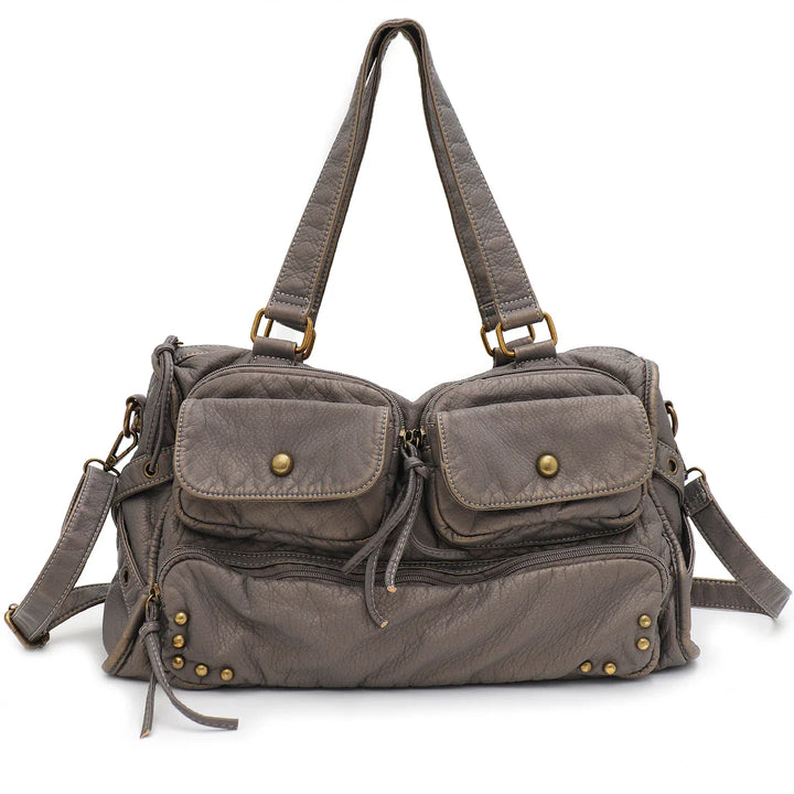 Sac femme XL gris élégant, design chic en cuir synthétique. Grand sac de cours et quotidien, idéal pour la mode femme.