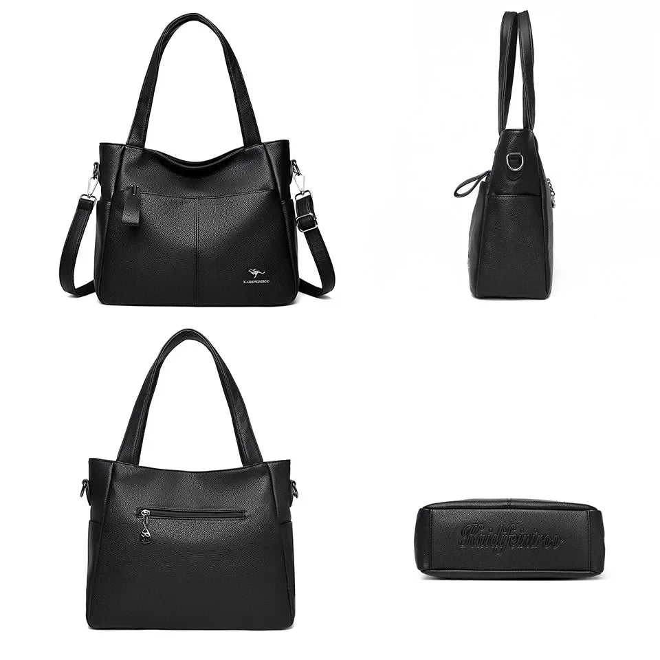 Sac à main femme noir en cuir PU avec bandoulière réglable, accessoire élégant et spacieux.