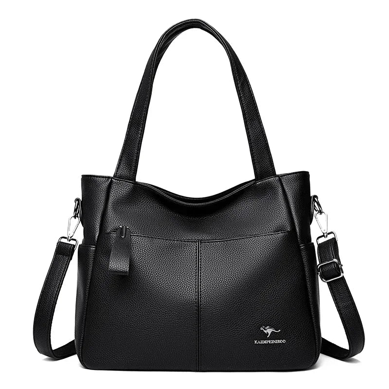 Accessoire femme : grand sac à main noir en cuir PU avec bandoulière, idéal pour un look élégant.