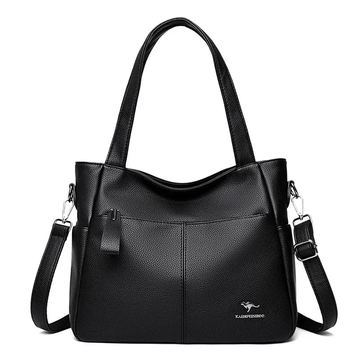 Accessoire femme : grand sac à main noir en cuir PU avec bandoulière, idéal pour un look élégant.