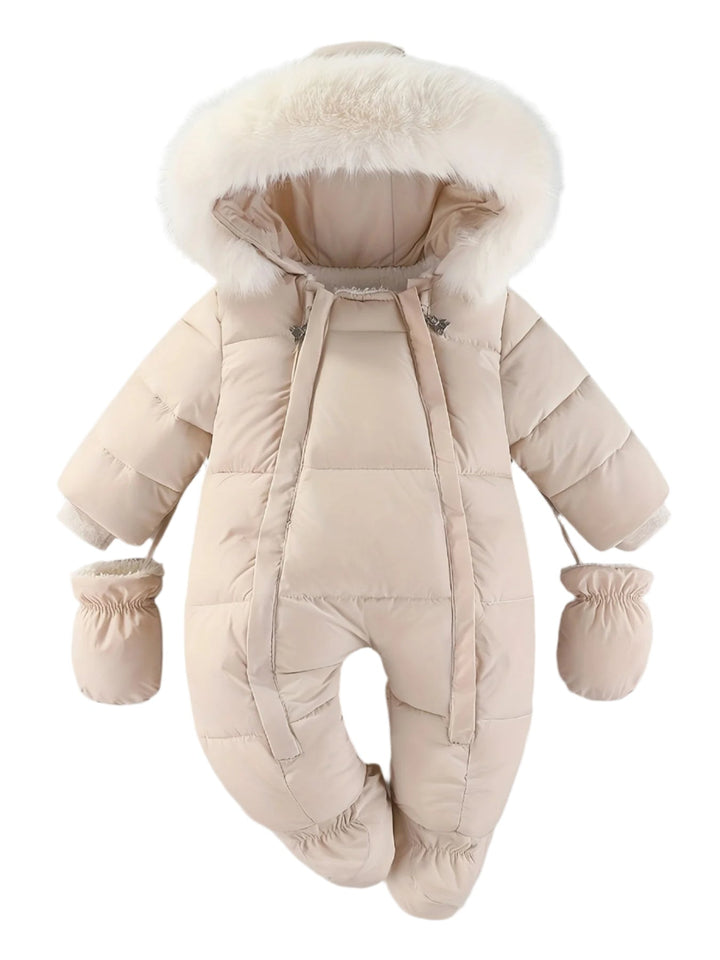 Grenouillère bébé hiver chaude avec capuche, fausse fourrure douce, idéale protection froid.