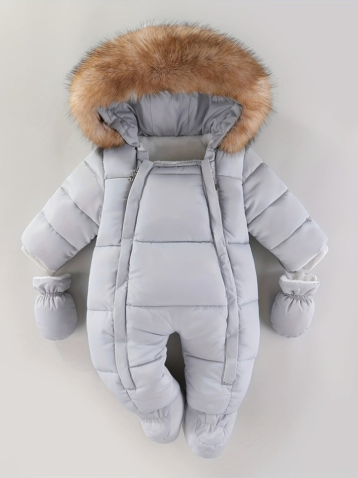 Tenue chaude bébé en fausse fourrure douce, grenouillère à capuche pour l'hiver et le confort.