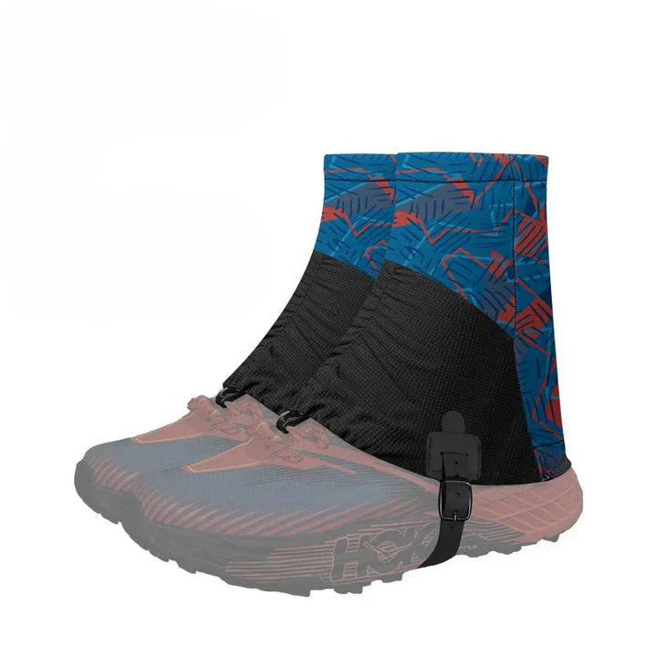 Guêtres de randonnée légères, anti-sable, en tissu noir respirant, avec fermeture éclair et bande auto-agrippante.
