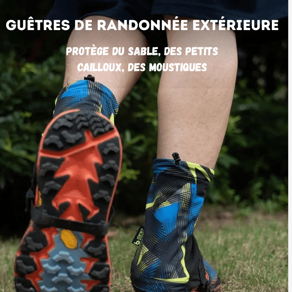 Guêtres de randonnée légères, anti-sable, en tissu noir respirant, avec fermeture éclair et bande auto-agrippante.