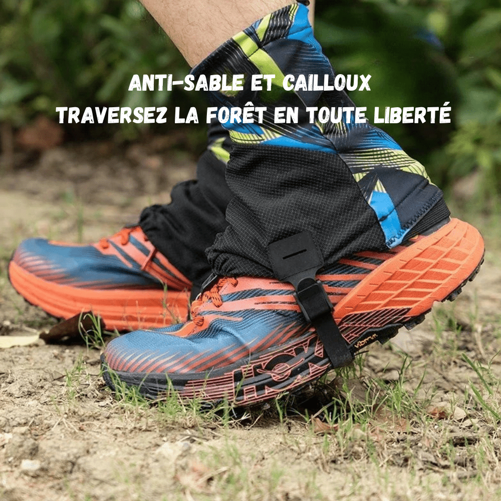 Guêtres de randonnée légères, anti-sable, en tissu noir respirant, avec fermeture éclair et bande auto-agrippante.