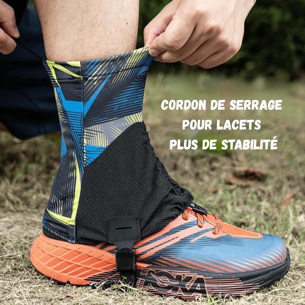 Guêtres de randonnée légères, anti-sable, en tissu noir respirant, avec fermeture éclair et bande auto-agrippante.