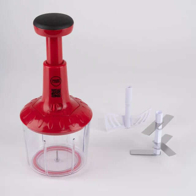 "Hachoir à légumes manuel rouge ergonomique, polyvalent et rapide pour couper et émincer efficacement en cuisine."