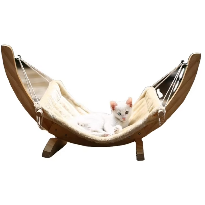 "Hamac moelleux pour chats, housse douce lavable, compatible lits bois, pour confort et élégance intérieurs."
