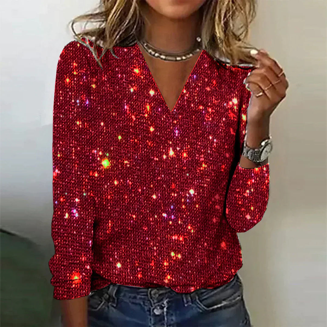 Top glamour scintillant pour femme, coupe élégante et col V, idéal pour les soirées chics d'automne.