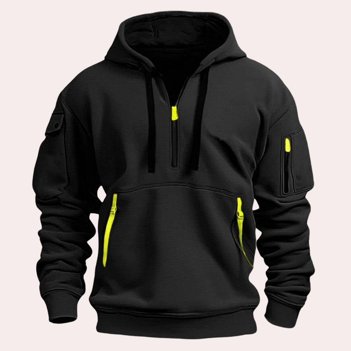 "Hoodie décontracté homme noir en coton doux, capuche ajustable, idéal pour style et confort quotidien"