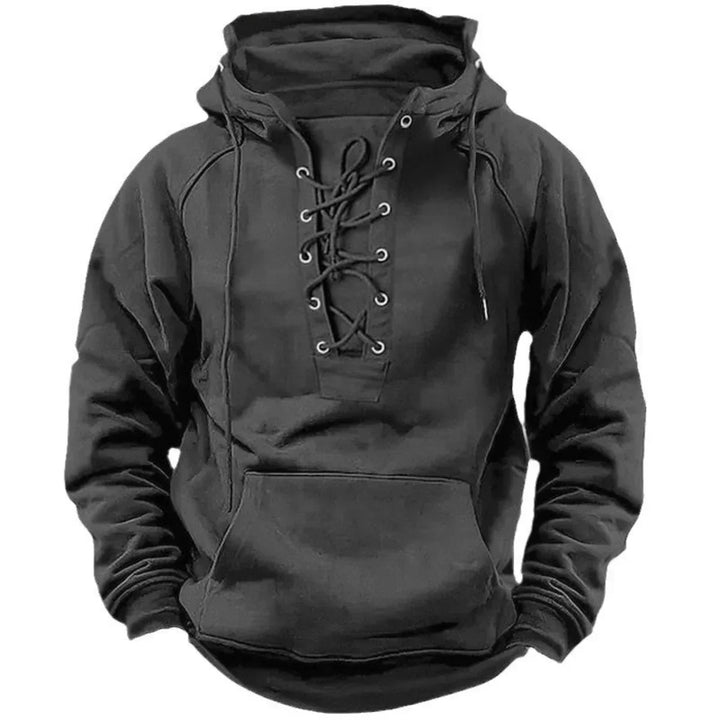 Pull homme décontracté et robuste, avec capuche et lacets, parfait pour la mode masculine d'aventure.