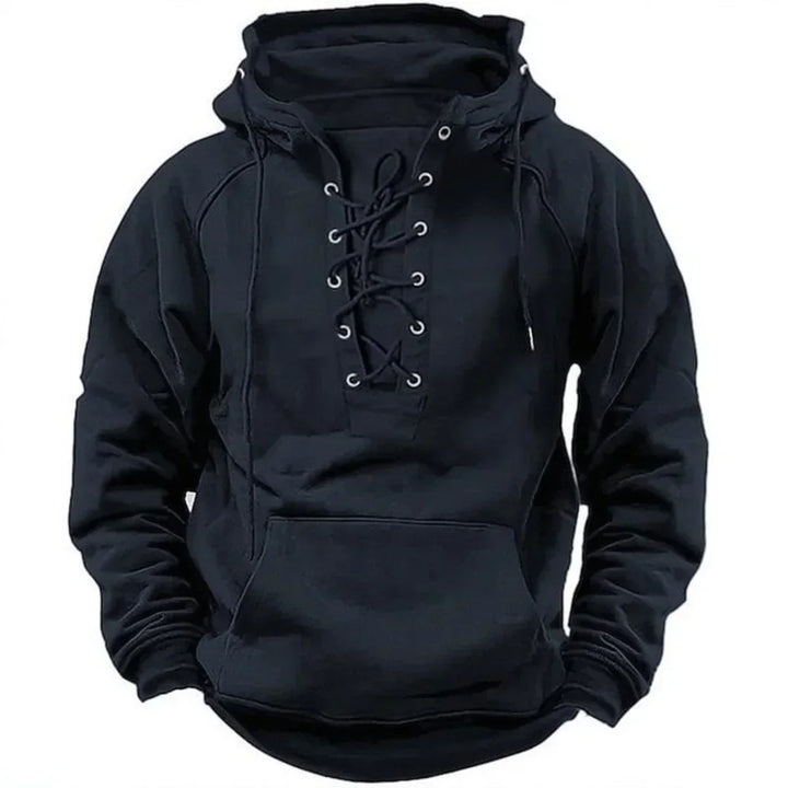 Vêtement homme robuste à capuche, style décontracté avec lacets, essentiel pour le confort automne-hiver.