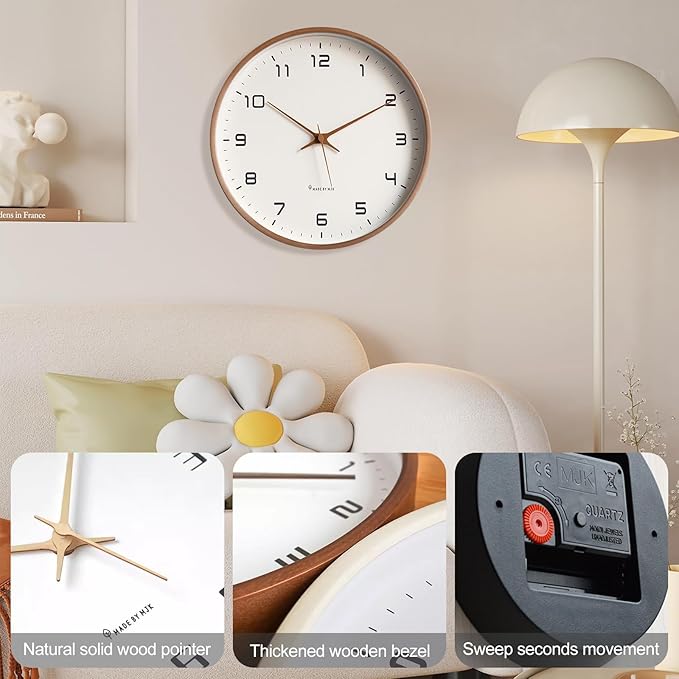 Horloge murale bois design scandinave minimaliste.  Décoration murale en bois naturel élégante.