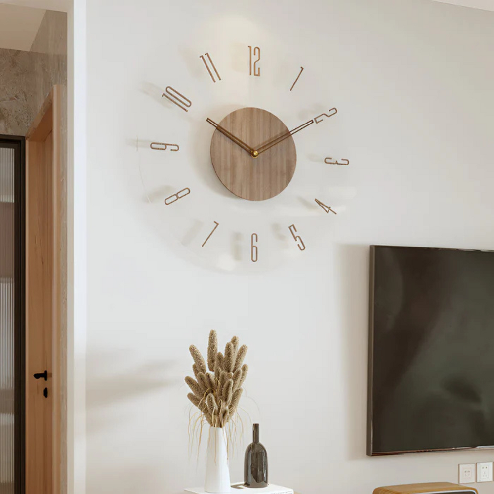 "Horloge murale design moderne en acrylique et bois, finition transparente, mécanisme quartz silencieux, 30 cm diamètre"