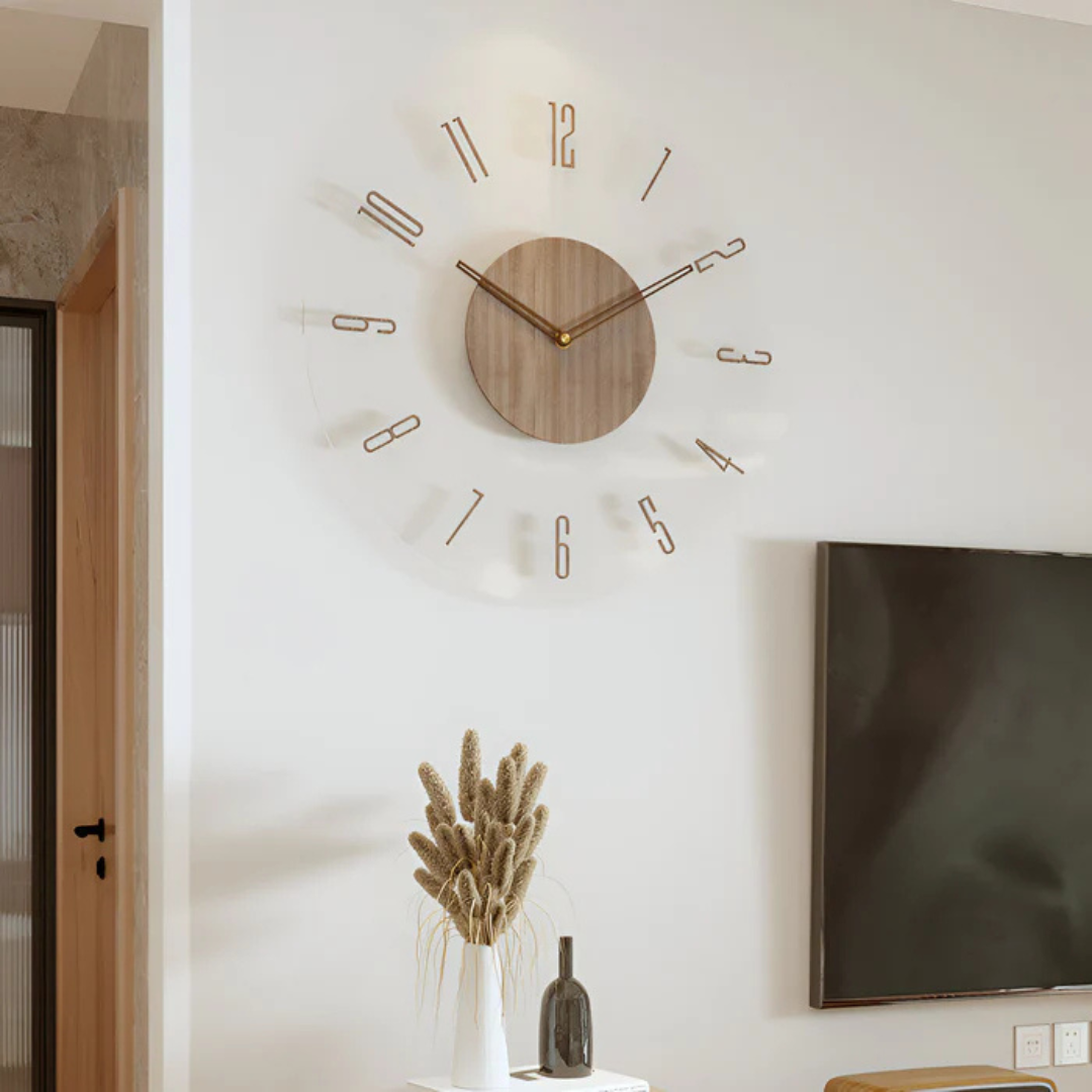 "Horloge murale design moderne en acrylique et bois, finition transparente, mécanisme quartz silencieux, 30 cm diamètre"