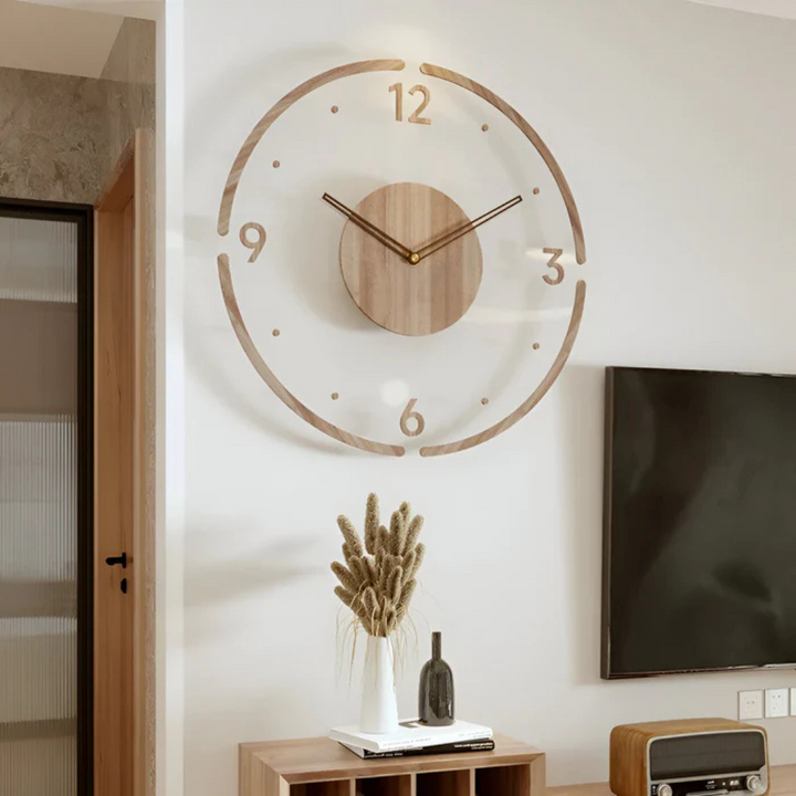 "Horloge murale design moderne en acrylique et bois, finition transparente, mécanisme quartz silencieux, 30 cm diamètre"