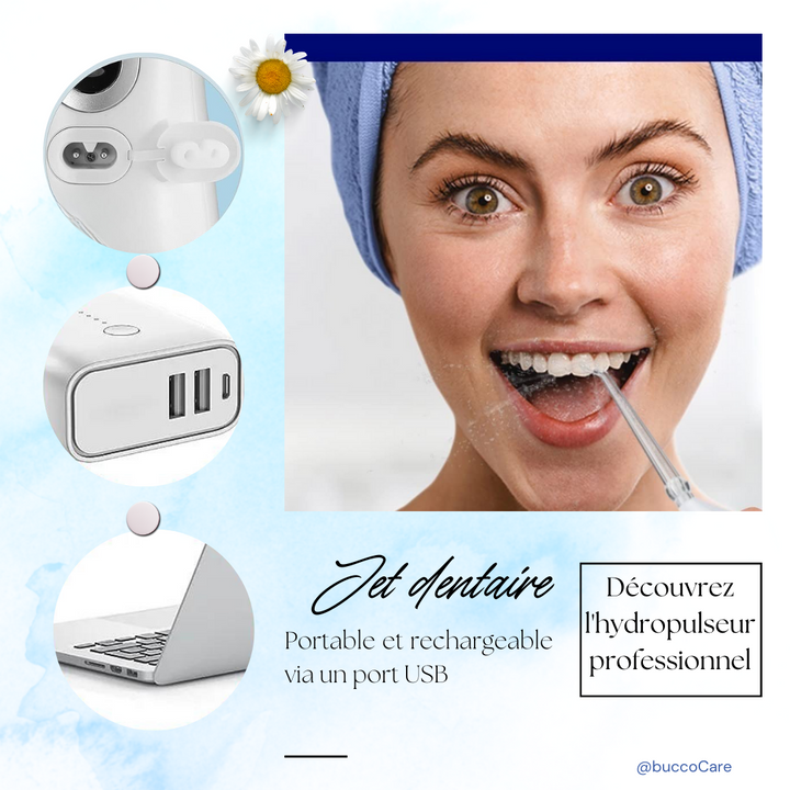 "Hydropulseur dentaire blanc sur fond, embout interchangeable, soin buccal optimal, hygiène quotidienne facile"
