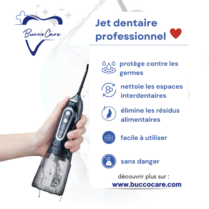 "Hydropulseur dentaire blanc sur fond, embout interchangeable, soin buccal optimal, hygiène quotidienne facile"