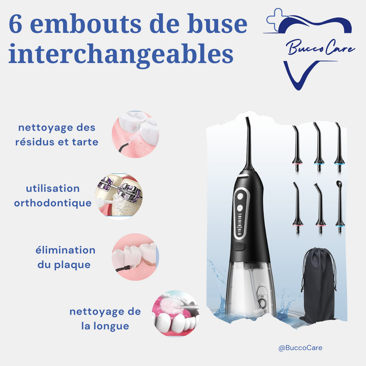 "Hydropulseur dentaire blanc sur fond, embout interchangeable, soin buccal optimal, hygiène quotidienne facile"