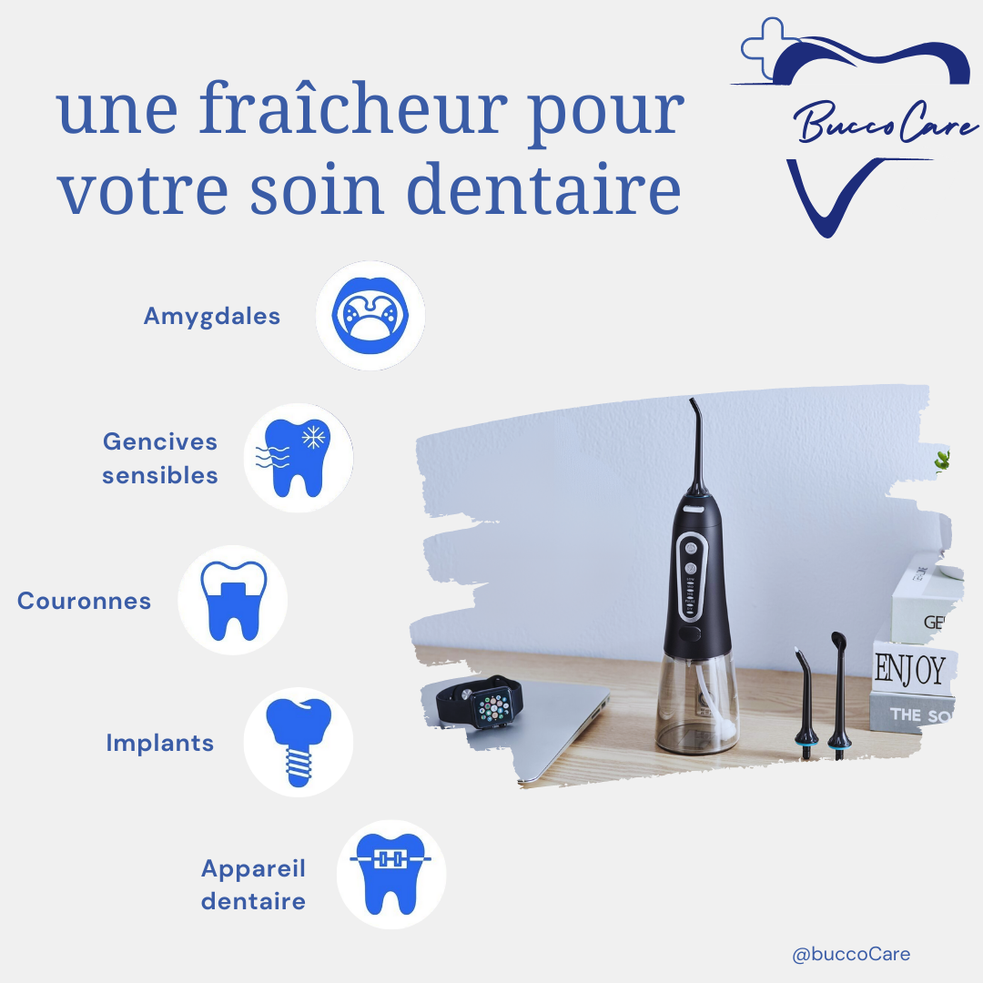"Hydropulseur dentaire blanc sur fond, embout interchangeable, soin buccal optimal, hygiène quotidienne facile"