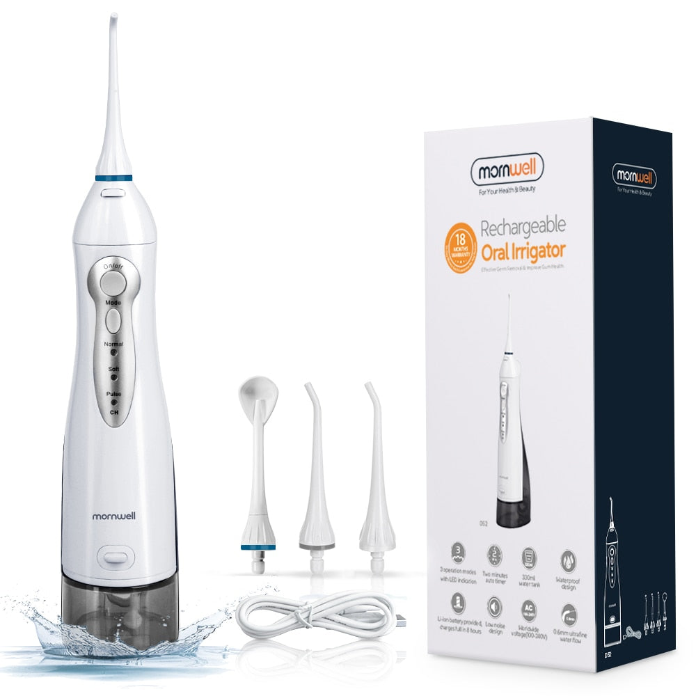 Hydropulseur dentaire portable sans fil, blanc et compact, avec trois modes de nettoyage et recharge USB.