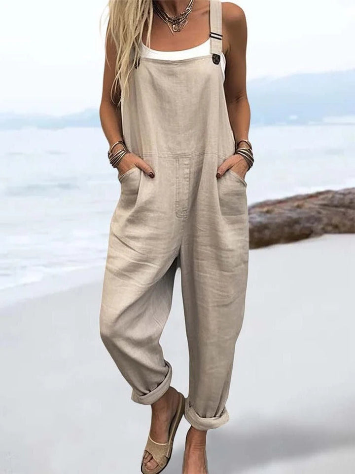 Combinaison femme ample rétro artistique sans manches, jambe large, pour tenue décontractée et élégante été/printemps.