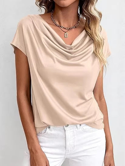 Top femme uni décontracté à manches courtes et col rond, parfait pour un confort élégant au quotidien au printemps-été.
